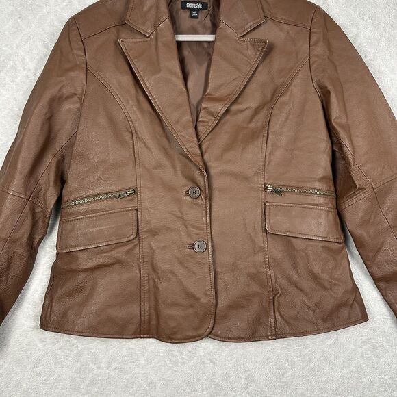 Vtg Leather Jacket Women 14 Petite Brown Blazer Classic Grunge Biker Hipster Y2K - Picture 3 of 11